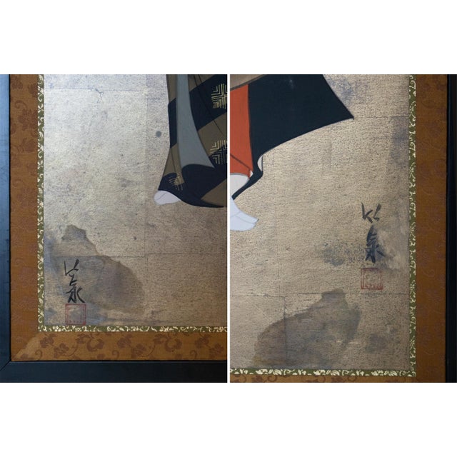 Showa Era Japanese Painted Panels "Samurai & Bijin", a Pair For Sale - Image 14 of 17