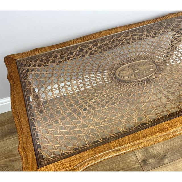 Vintage French Carved Oak Coffee Table with Glass Top For Sale - Image 9 of 14