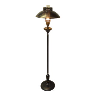 Vintage French Empire Hurricane Lamp Style Black Floor Lamp With Toleware Shade For Sale