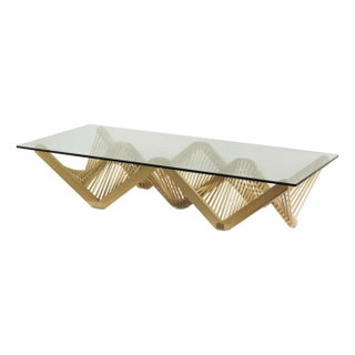Lauan Wood Geometric Rectangular Coffee Table With Glass Top, Natural, Geo by Oggetti For Sale