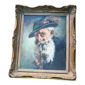 Vintage Original Oil Painting of a Man with Pipe, Framed