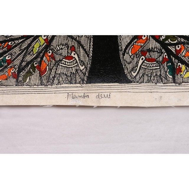 Folk Art Mamta Devi, 2016 National Award-Winning Artist – Hand-Painted Madhubani Folk Painting on Canvas, Fish Mandala & Tree of Life With Colorful Birds For Sale - Image 3 of 4