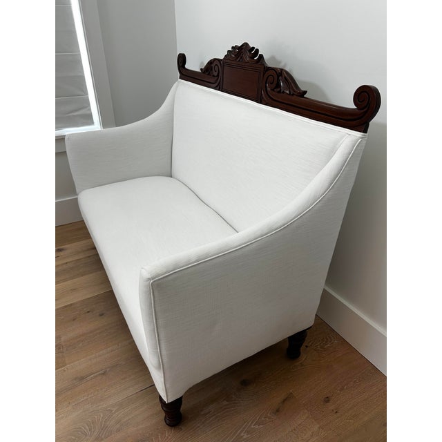 Completely refurbished English antique settee in white linen blend fabric. Purchased at auction in England. Unique, one-...