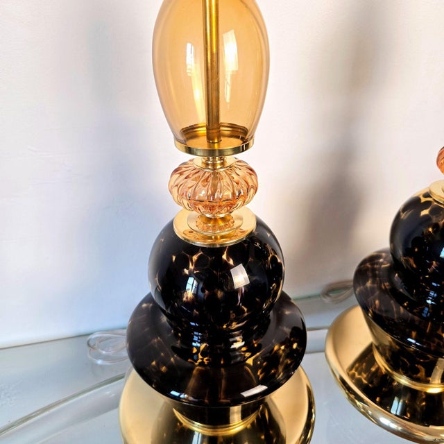1990s Mid Century Modern Leopard Murano Glass Table Lamps - a Pair For Sale - Image 4 of 10