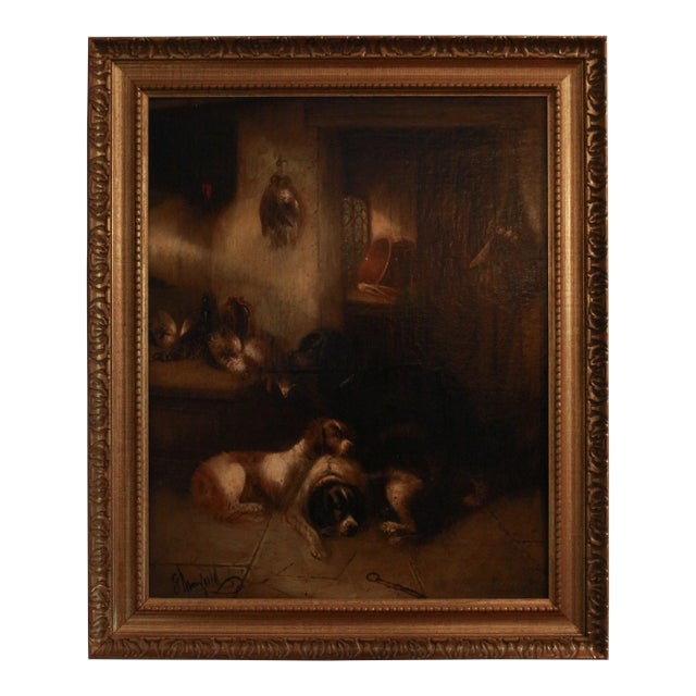 Mid-19th Century Oil on Canvas Painting of Dogs Asleep by George Armfield For Sale