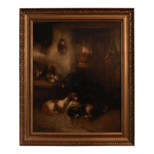Mid-19th Century Oil on Canvas Painting of Dogs Asleep by George Armfield