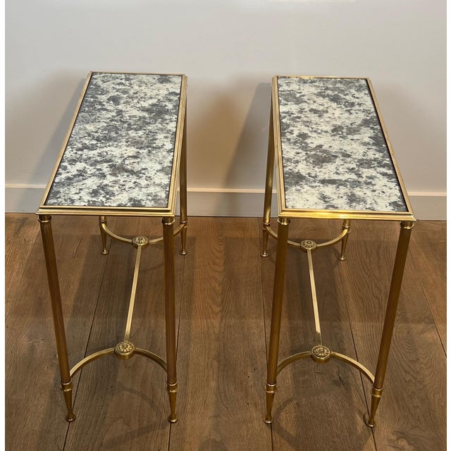 Maison Baguès 1940s Pair of brass side tables with oxidized mirror tops by Maison Baguès For Sale - Image 4 of 12