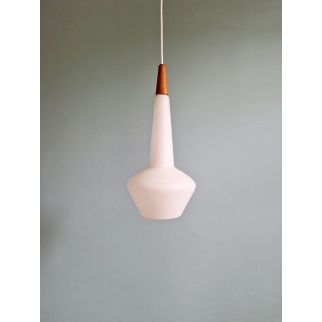 Scandinavian Pendant Light in Satin White Opaline Glass and Teak, 1960s For Sale - Image 6 of 14
