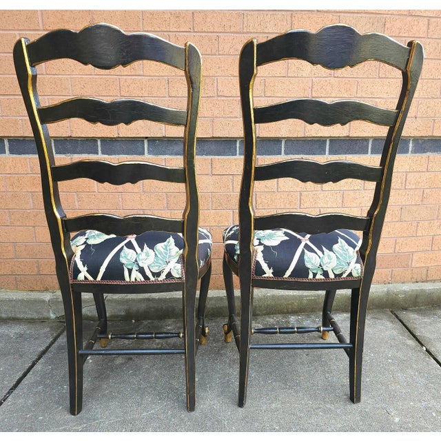 Wood Early 20th Century Set of Six French Provinical Partial Gilt and Ebonized Slat Ladder Back Side Chairs For Sale - Image 7 of 11