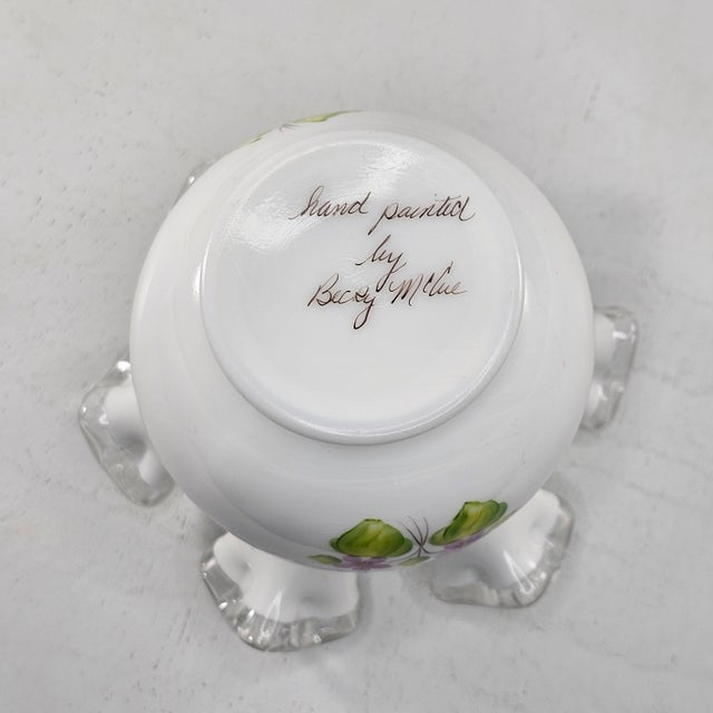 Vintage Fenton Violets In The Snow Double Crimped Vase Rose Bowl Approximately 4" tall. Handpainted by Becky McCue. Good...