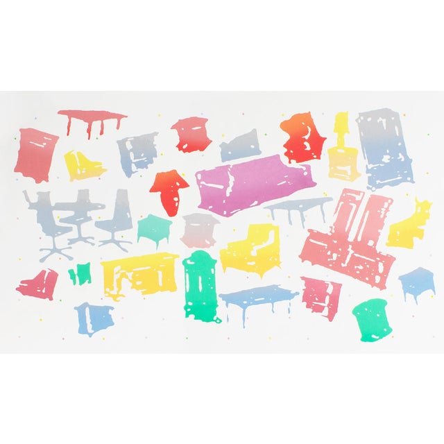 A 1982 serigraph print by the American artist Roger Benedetti (born 1948). Titled "Furniture Dense Point," this colorful...
