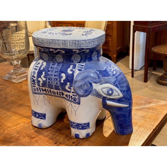 1980s Blue and White Elephant Stool For Sale - Image 4 of 7