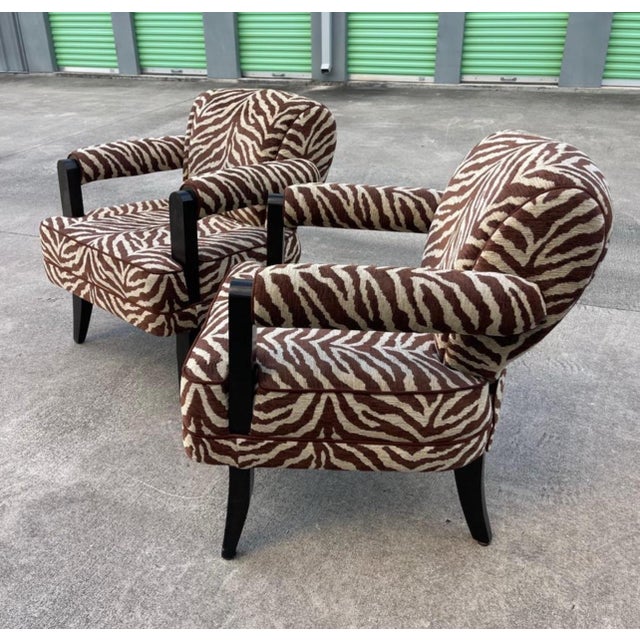 Larry Laslo for Directional Zebra Pattern Wood Frame Lounge Club Chairs, a Pair For Sale - Image 9 of 12