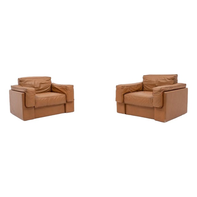 Italian Cognac Leather Club Armchairs, Set of 2 For Sale