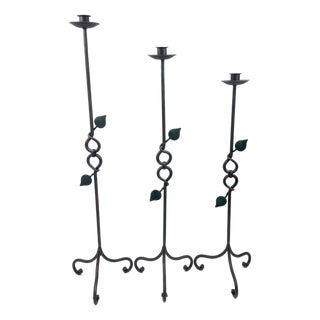 Hand Forged Iron Candelabra Set of 3 (91-111cm) Antique Copper Finish Floor Standing Sculpted Twist & Leaf Node Estate Set For Sale