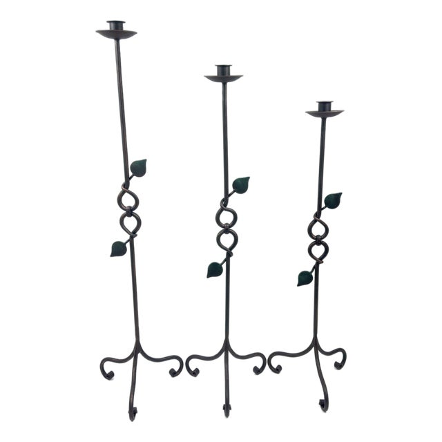 Hand Forged Iron Candelabra Set of 3 (91-111cm) Antique Copper Finish Floor Standing Sculpted Twist & Leaf Node Estate Set For Sale