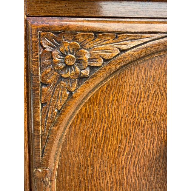 Brown 1920s Art Deco Carved Oak Sideboard Cabinet With Removable Gallery Top For Sale - Image 8 of 18