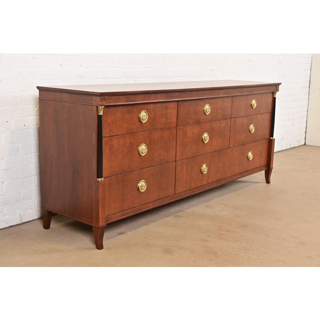 French Baker Furniture French Empire Cherry Wood Triple Dresser or Credenza, Newly Refinished For Sale - Image 3 of 11