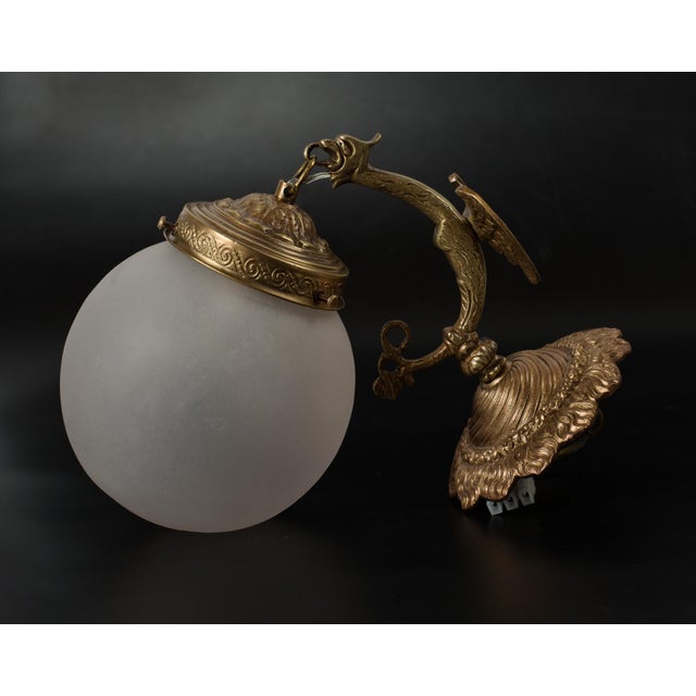 1950s Spanish Empire Cast Brass Dragon Sconces With Scavo Glass Globes - A Set of 4 For Sale - Image 9 of 11