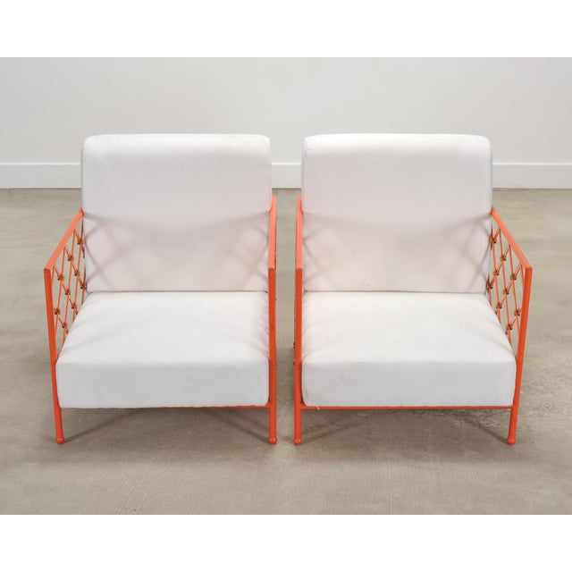 Pair of French Maison Jean Orange Iron Lattice Lounge Chairs For Sale - Image 9 of 18
