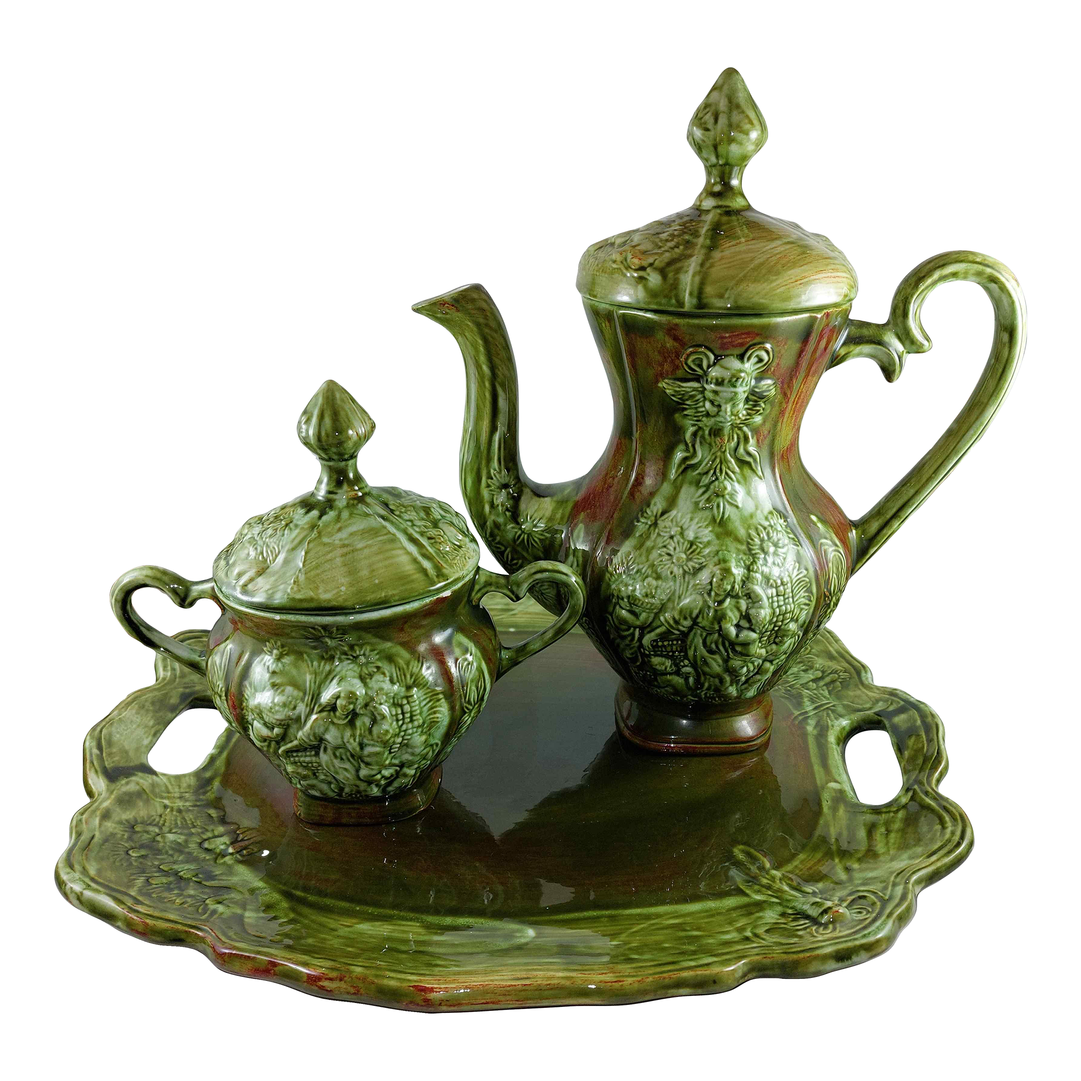 1973 Mullins Ceramics Coffee Pot Biscuit Jar Serving Tray Green Man &  Harvest | Chairish