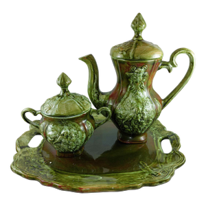 1973 Mullins Ceramics Coffee Pot Biscuit Jar Serving Tray Green Man & Harvest