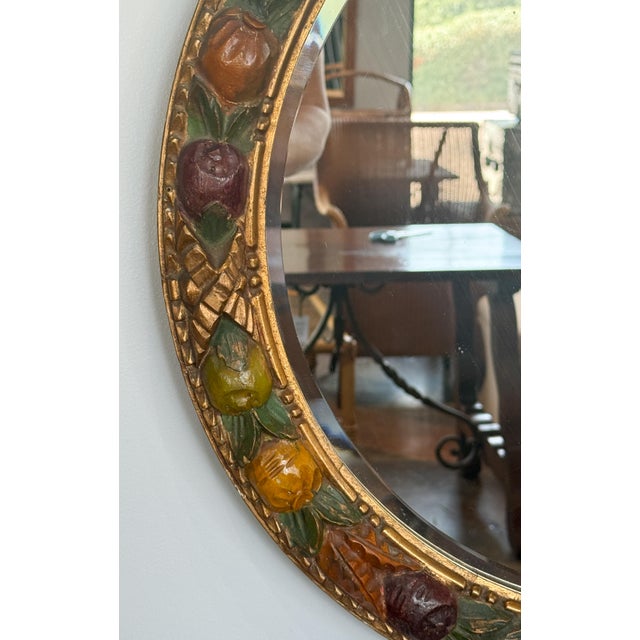 Wood Round Barbola Bevel Mirror With Relief of Fruit From England (Diameter 22 1/4) For Sale - Image 7 of 9