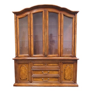 Stanley Furniture Solid Walnut Italian Provincial 66" Buffet W. Lighted Display China Cabinet W. Grilled Doors 8311-04 For Sale