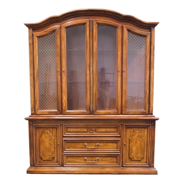 Stanley Furniture Solid Walnut Italian Provincial 66" Buffet W. Lighted Display China Cabinet W. Grilled Doors 8311-04 For Sale