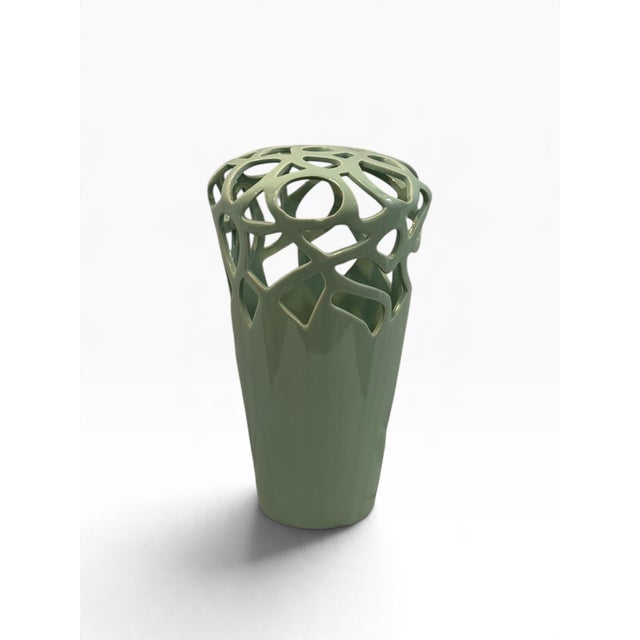 Celadon Green Reticulated Ceramic Vase, Pierced Lattice Double-Wall, Contemporary, 14 Inch For Sale - Image 4 of 4