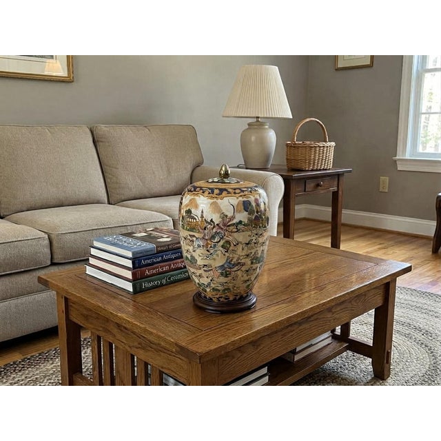Vintage Style Beige Blue Hunting Scene Graphic Porcelain Art Jar For Sale - Image 4 of 13