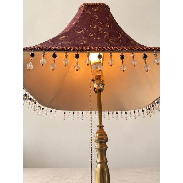 Vintage Brass Table Lamp With Burgundy Embroidered Shade, Gold Scroll Motif & Crystal Drops, Traditional Hollywood Regency Decor For Sale - Image 4 of 12