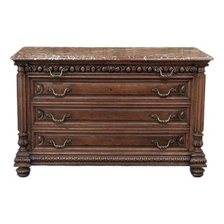 19th Century French Henry II Neoclassical Walnut Commode With Rouge Marble For Sale