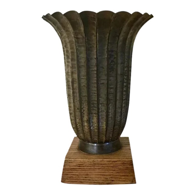 1930 Art Deco Silvered Bronze Vase on Wood Stand in Josef Hoffman Wiener Werkstatte Style For Sale