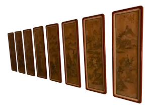 Red Lacquer Framed Chinese Landscape Silk Panels - Set of 8
