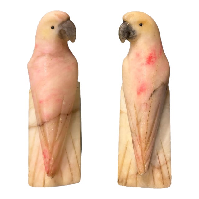 Pair of Antique Victorian Alabaster Multi Colored Figural Parakeet Bookends For Sale