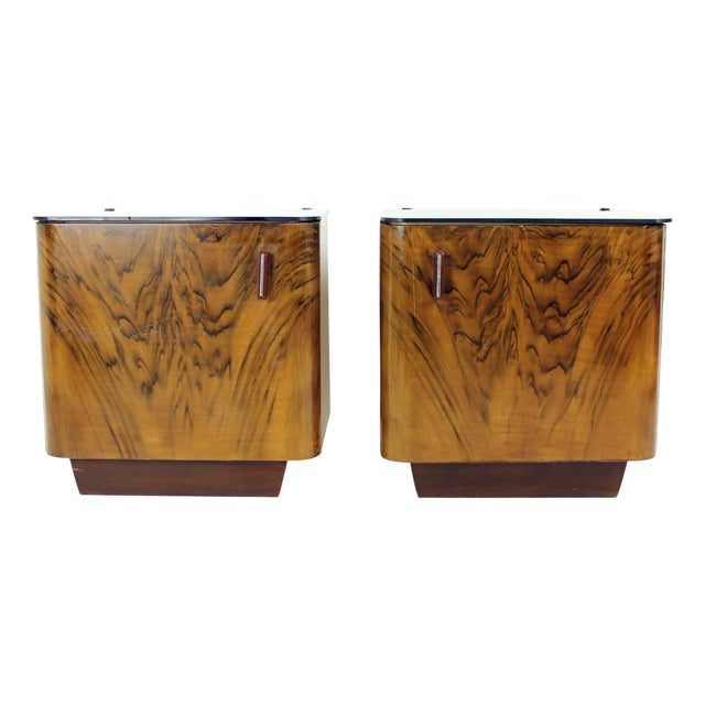 Art Deco Bedside Tables with Faux Wood Graining and Glass, Czechoslovakia, 1940s, Set of 2 For Sale