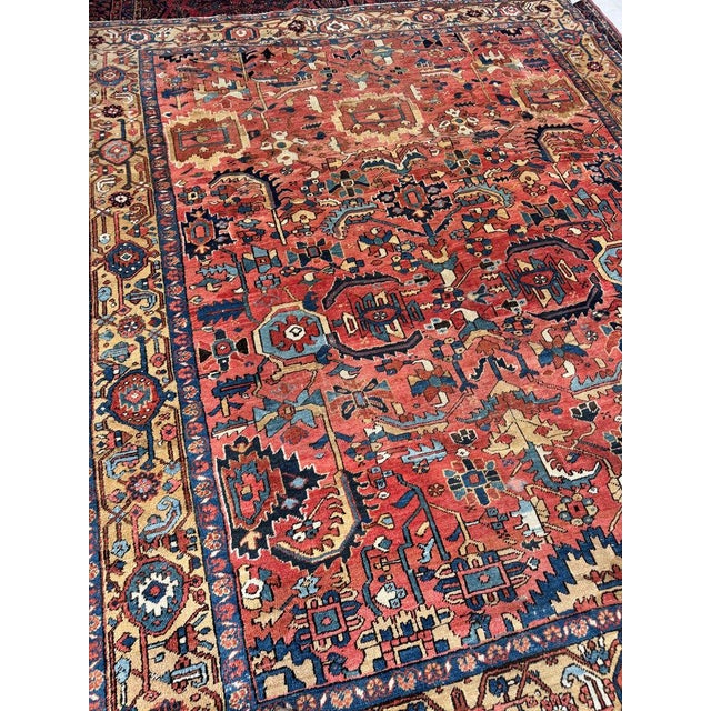 Antique Heriz Village Carpet Rare Camel Border with Coral Ground in Naive Harshang Design with Sickle Leaf Motif Rug 9.4 x 11.4 For Sale - Image 16 of 16