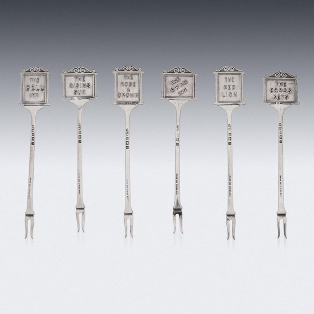 Vintage English Silver Cased Pub Sign Cocktail Picks, 1952, Set of 6 For Sale - Image 4 of 18