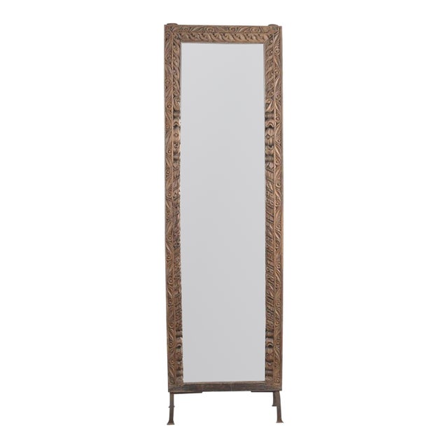 Vintage Indian Carved Teakwood Mirror on Iron Legs For Sale