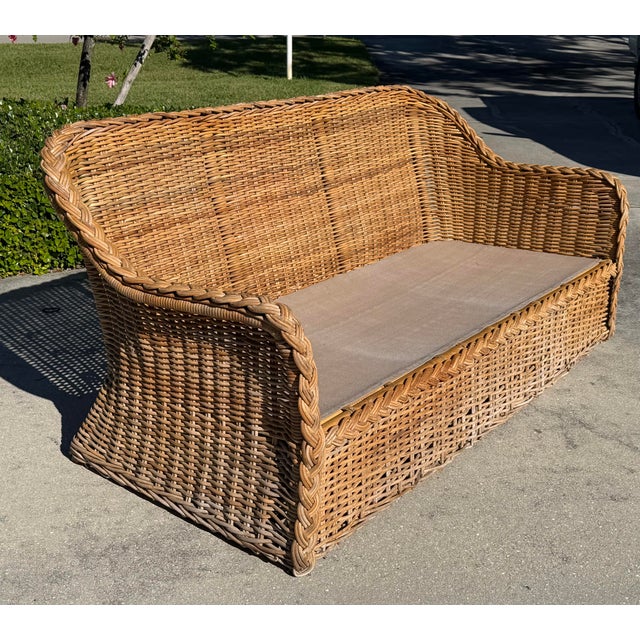 Late 20th Century Vintage 72” Handwoven Rattan Sofa With Large Braid Trim For Sale - Image 5 of 12