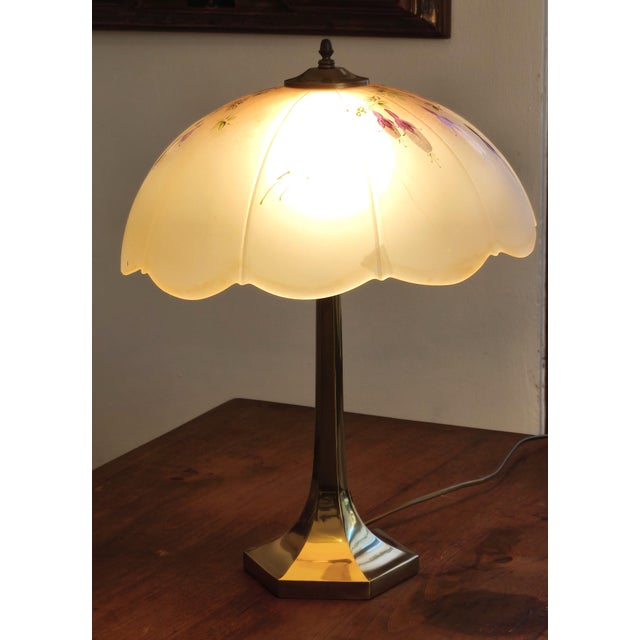 1980s Brass Table Lamp with Hand-Painted Satin Glass Shade, Italy, 1980s For Sale - Image 5 of 12