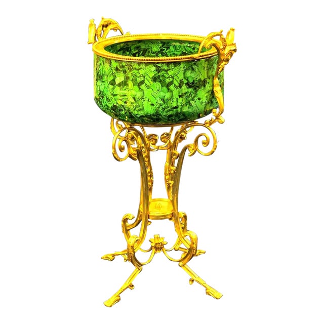 French Style Green Porcelain Cachepot With Gold Leaf & Bronze Accents For Sale