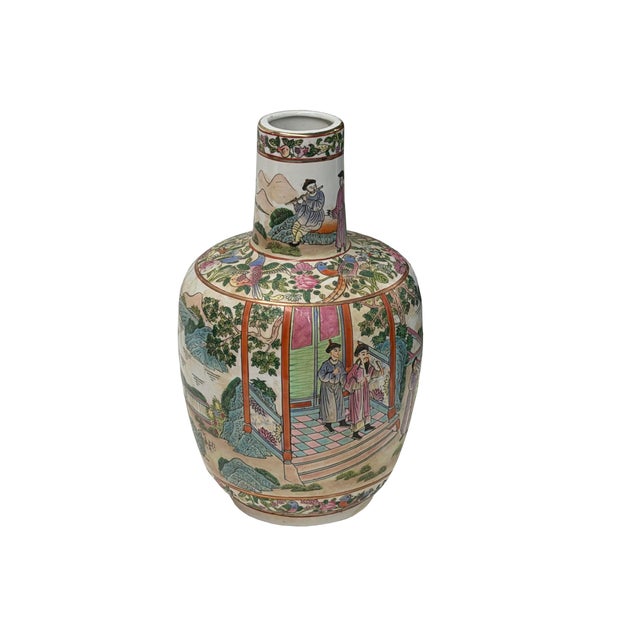 Rose Vintage Chinese Famille Rose Palette Narrative Scene Porcelain Art Vase For Sale - Image 8 of 14