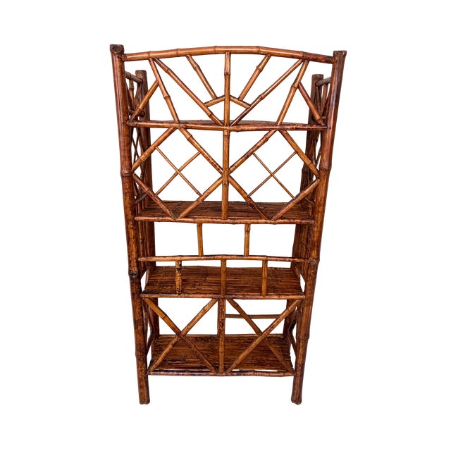 Brown Vintage Chinoiserie Tortoiseshell Bamboo & Rattan 4-Tier Etagere Bookshelf For Sale - Image 8 of 12