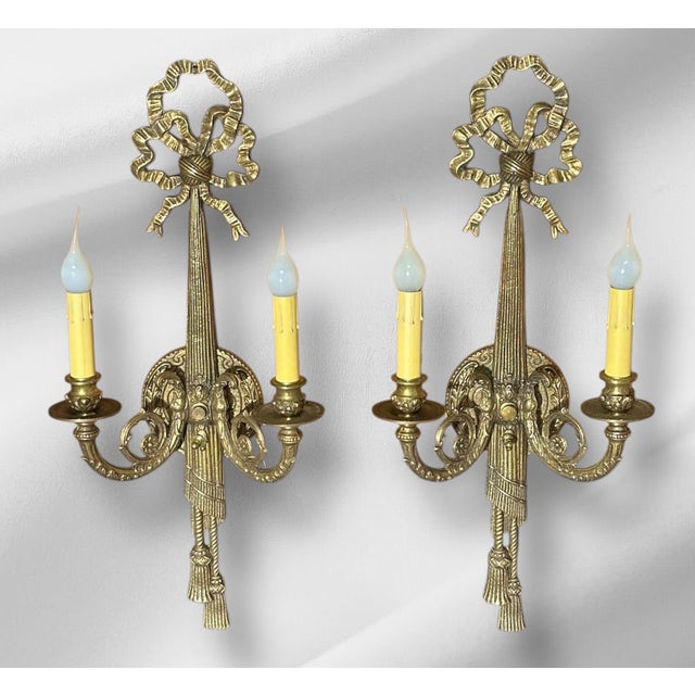 1900 - 1909 1900 Ribbon and Tassel Brass Sconces - a Pair For Sale - Image 5 of 9