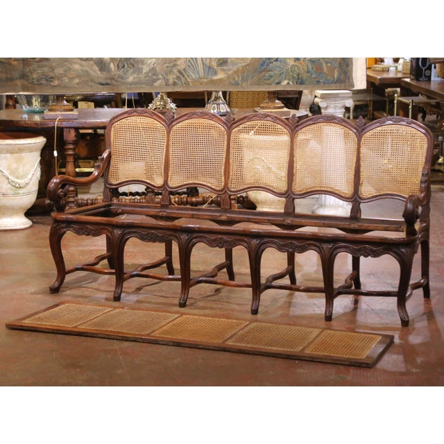 19th Century French Louis XV Carved Oak Five-Seat Caned Settee For Sale - Image 12 of 12