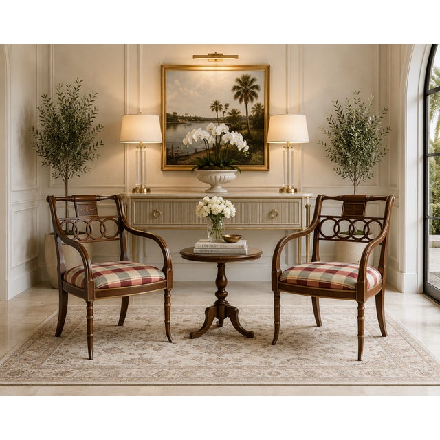 Elegant pair of “Governor Alston” armchairs from Baker Furniture’s Historic Charleston Collection. Modeled after early...