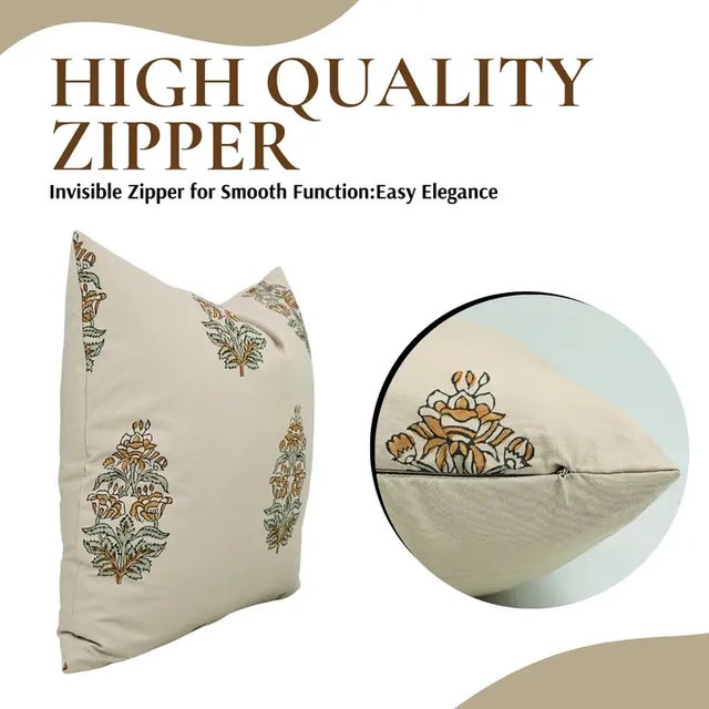 Art Deco Fabdivine Handcrafted Block Print Cushion Cover 14x20 Inch Cotton Satin- Hibiscus For Sale - Image 3 of 5