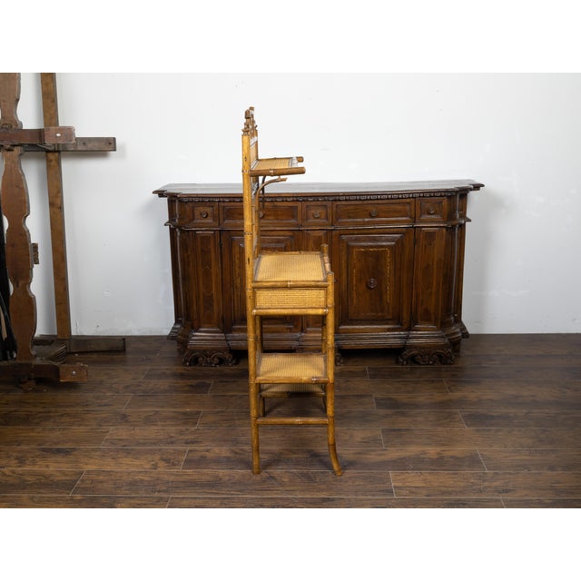 Chinoiserie English 1900s Bamboo Freestanding Shelf with Rattan Accents and Single Drawer For Sale - Image 3 of 9